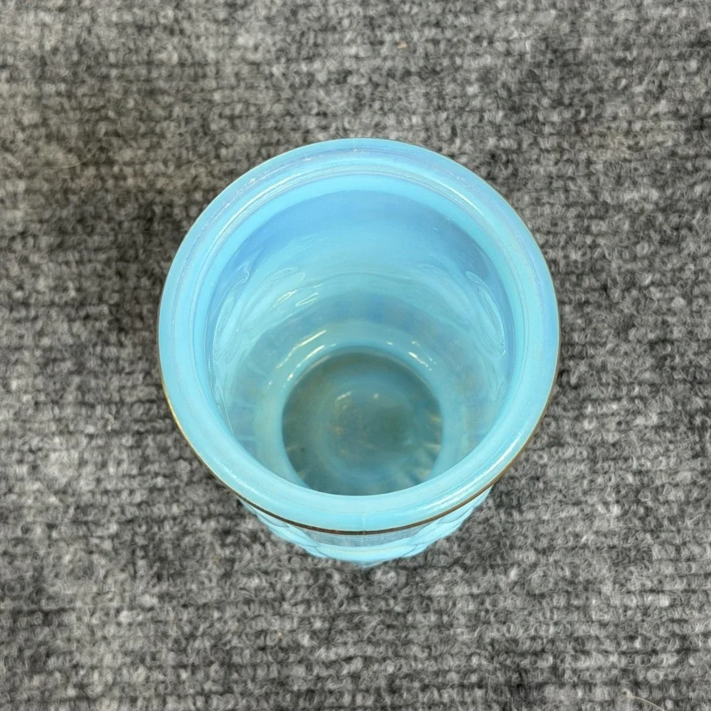 VTG Avon Bristol Blue Opaque Glass Vase 4 3/4 In Scroll Pattern Gold Rim Decor